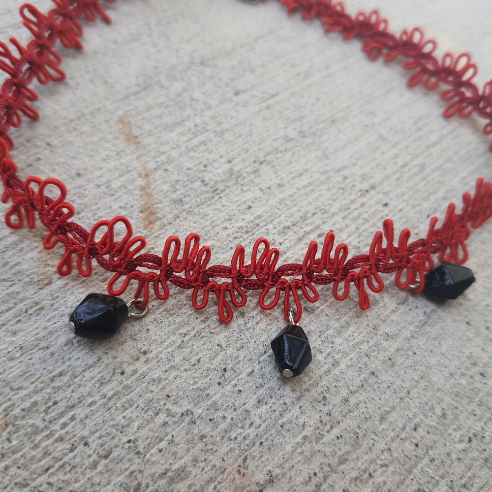 Red Lace Choker Handmade With Black Beads